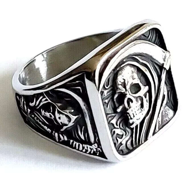 Mens Chunky Grim Reaper Skull Ring Silver Stainless Steel Skeleton Angel Death